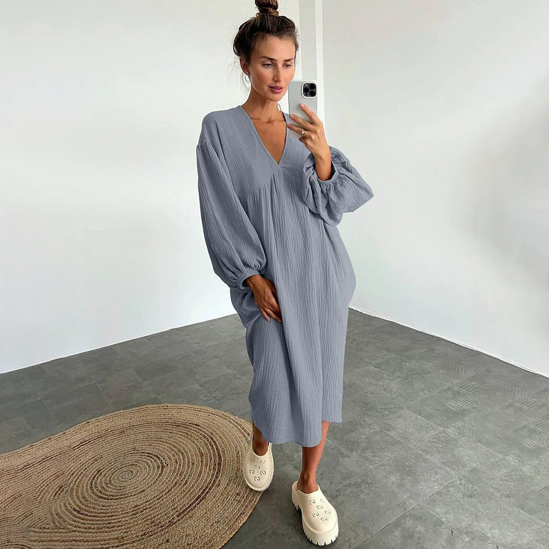 Women's - Airy Cotton Midi Dress - Lantern Sleeves & V-Neckline - Perfect for Effortless Style