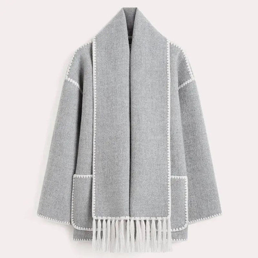 Stylish coat with sewn-on scarf