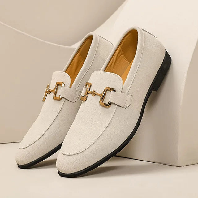 Suede loafer with metal buckle detail