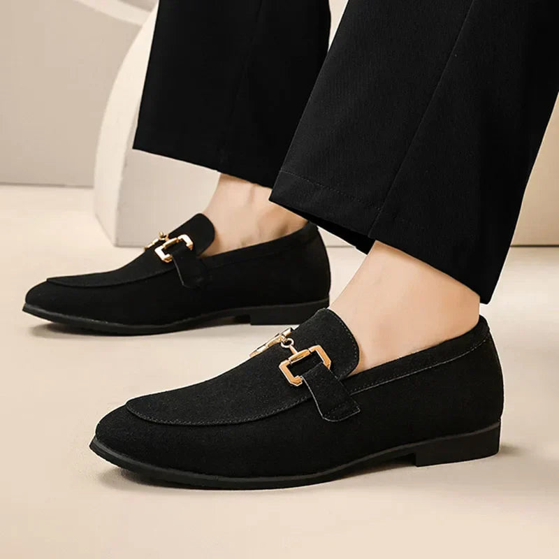 Suede loafer with metal buckle detail