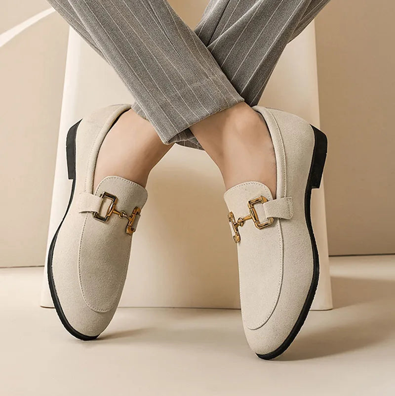 Suede loafer with metal buckle detail