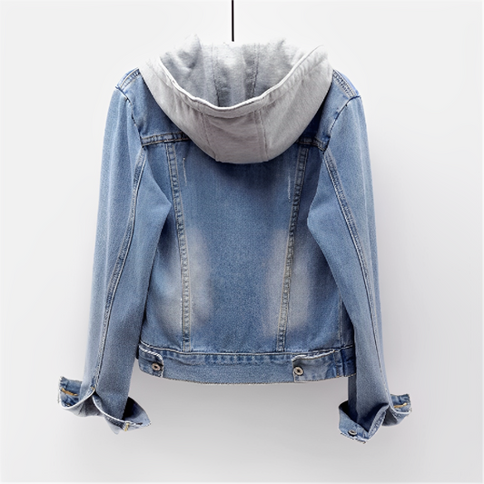 Denim jacket with detachable hood and long sleeves