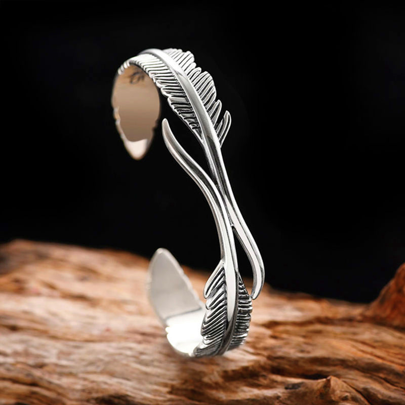 Sterling feather cuff bracelet with openwork design