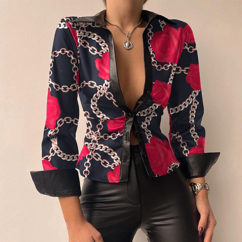 Long-sleeved leather patchwork blouse