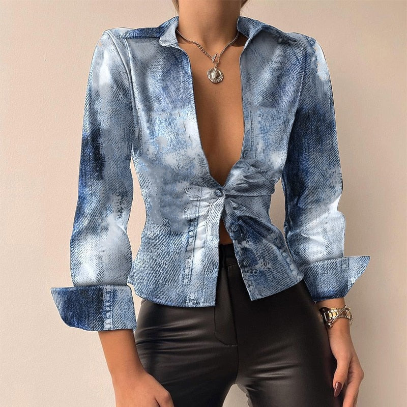 Long-sleeved leather patchwork blouse