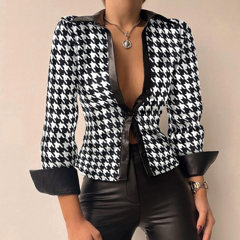 Long-sleeved leather patchwork blouse