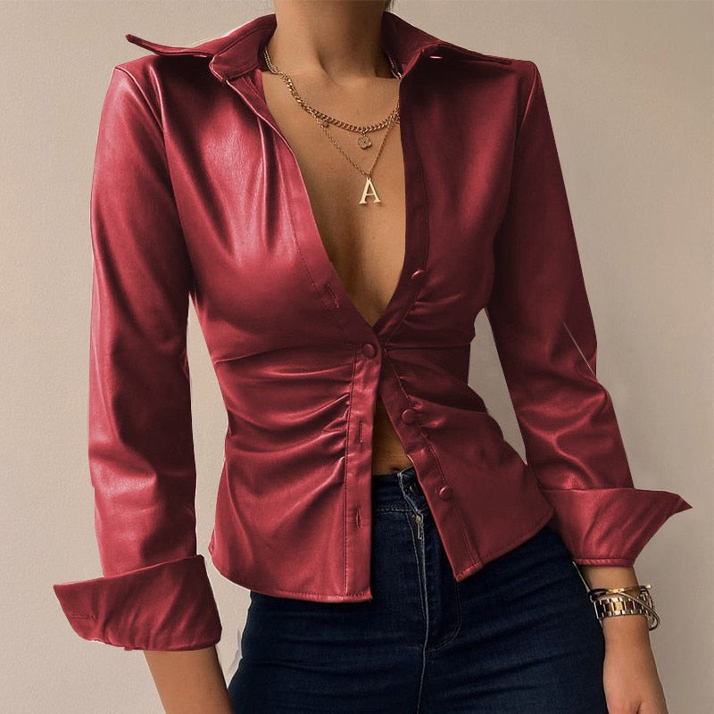 Long-sleeved leather patchwork blouse