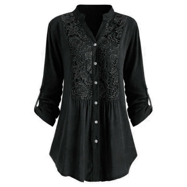 Ladies' long-sleeved shirt with button placket and stand-up collar