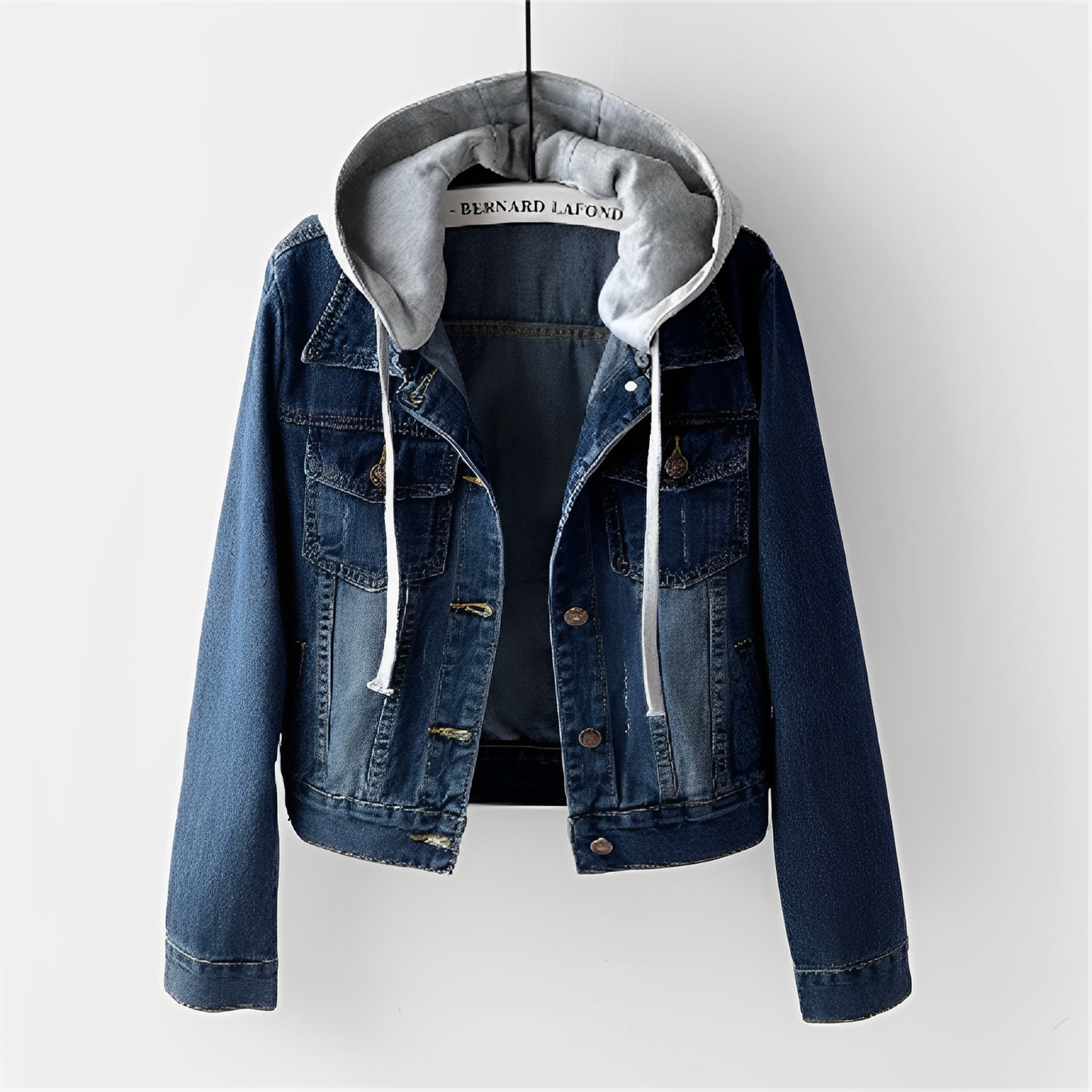 Denim jacket with detachable hood and long sleeves