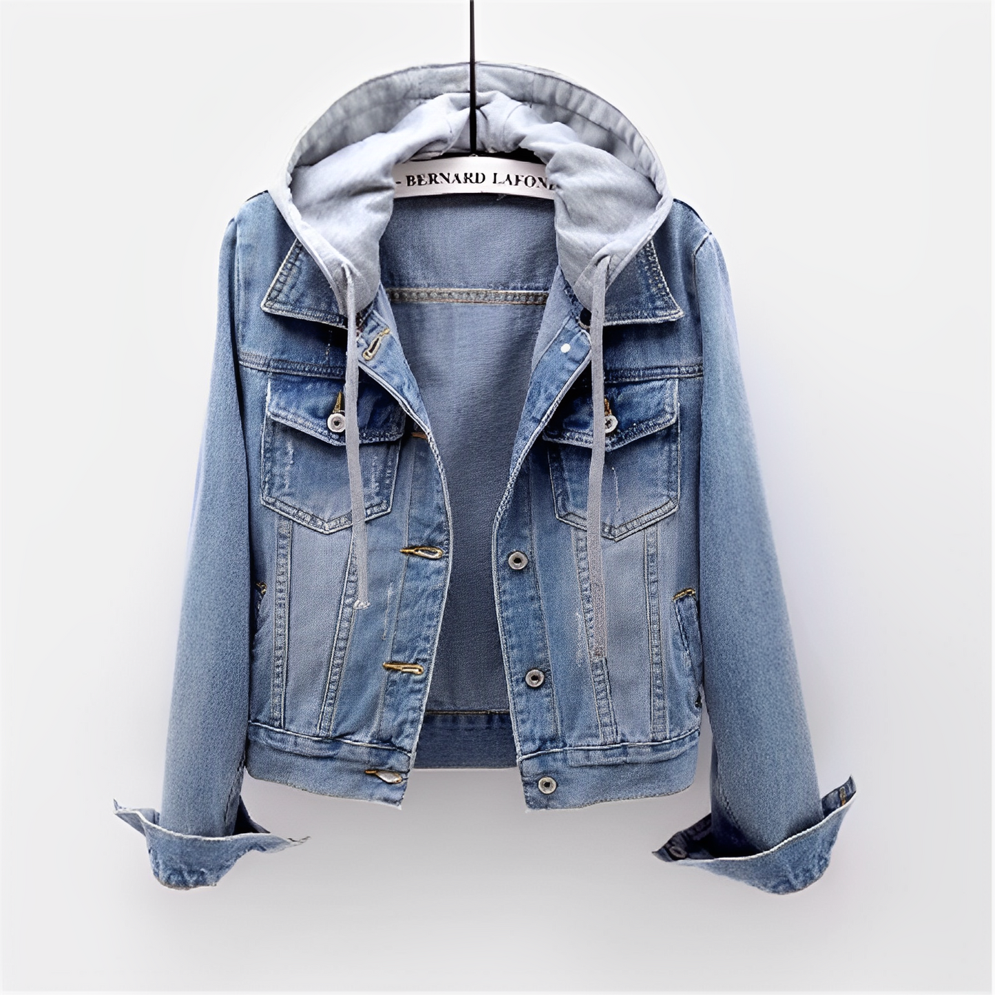 Denim jacket with detachable hood and long sleeves