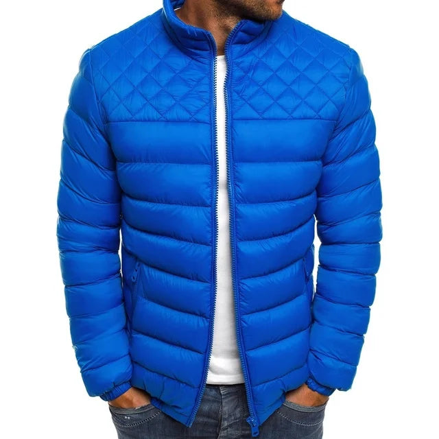 Blue letter print with stand-up collar transitional jackets for men