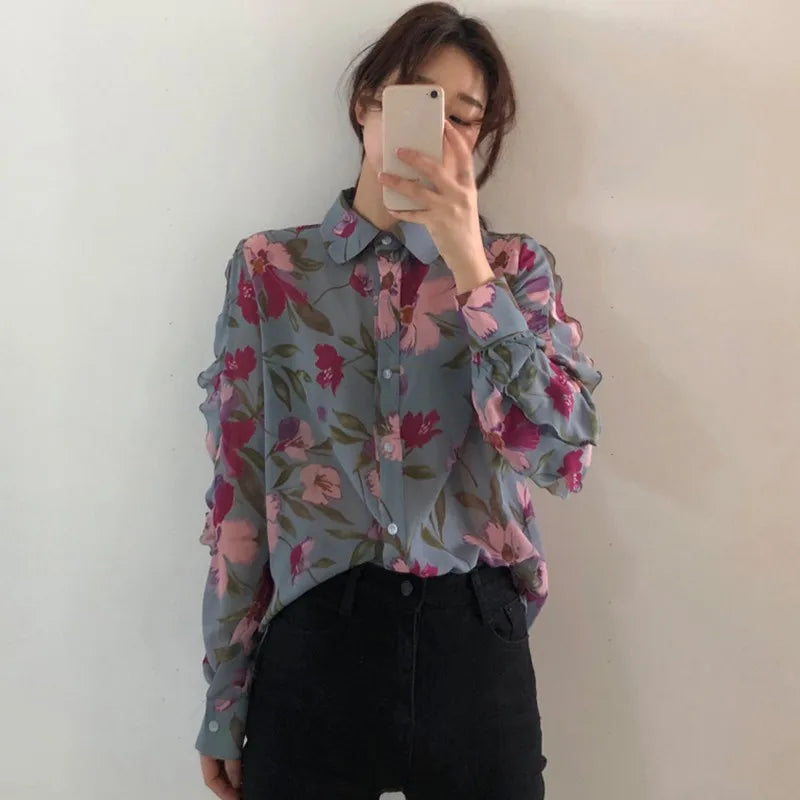 Long-sleeved chiffon blouse with floral V-neckline