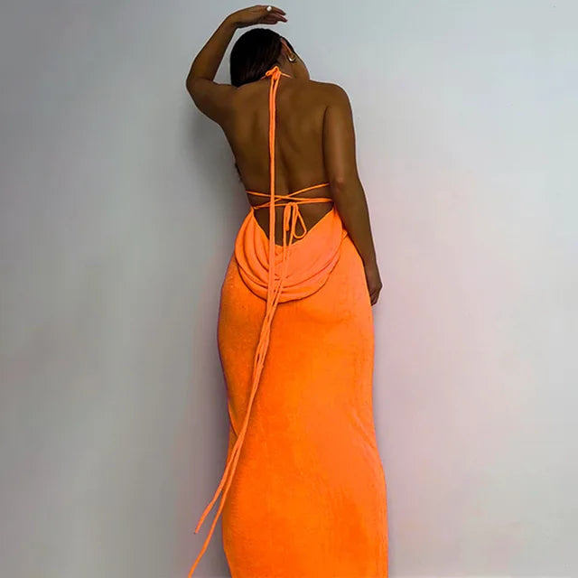 Women's maxi dress without back and sleeves: Cut-out detail, drawstring at the waist