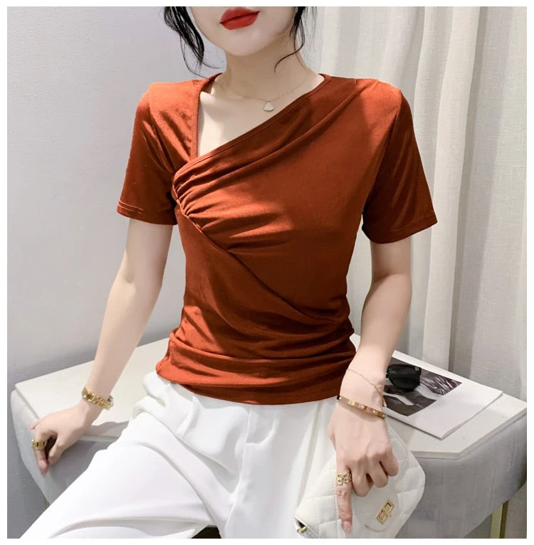 Slim-fit Slant Neck Draped Shirt for Women