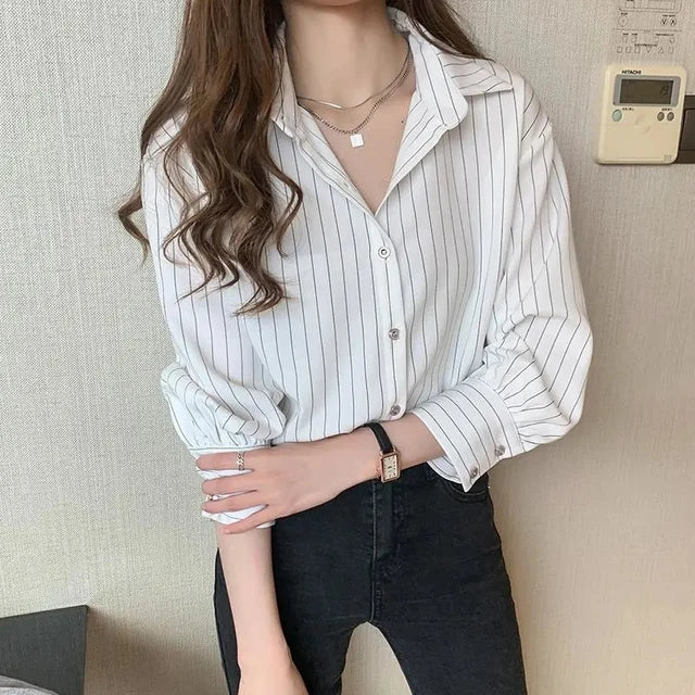 Classic striped polo neck cardigan blouse for women - White