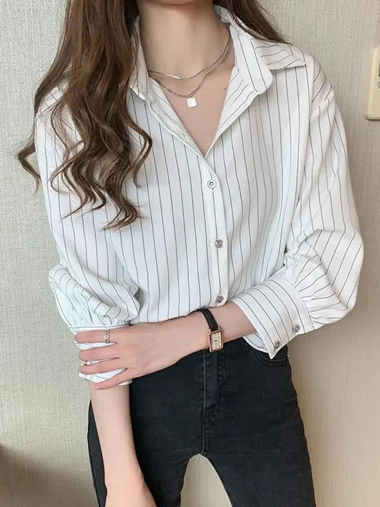 Classic striped polo neck cardigan blouse for women - White