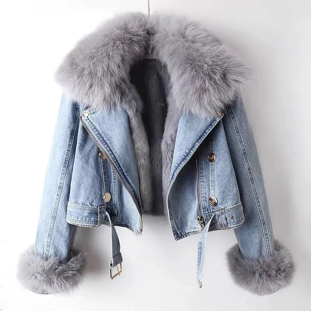 Denim jacket with fluffy collar