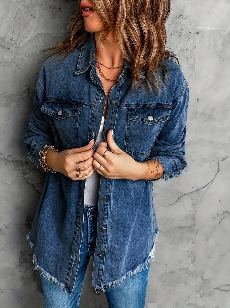 Women - Denim Jacket - Retro Dark Wash - Stylish Winter Outerwear