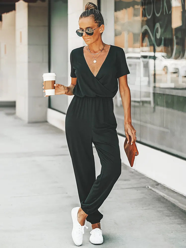 Short-sleeved jumpsuit with V-neckline