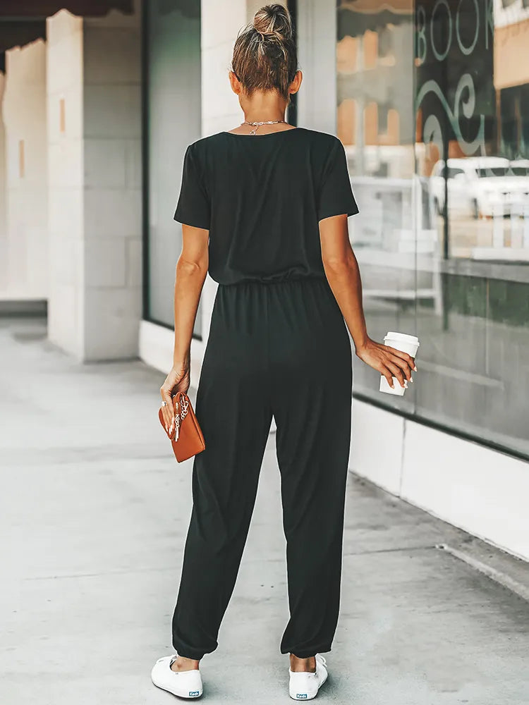 Short-sleeved jumpsuit with V-neckline