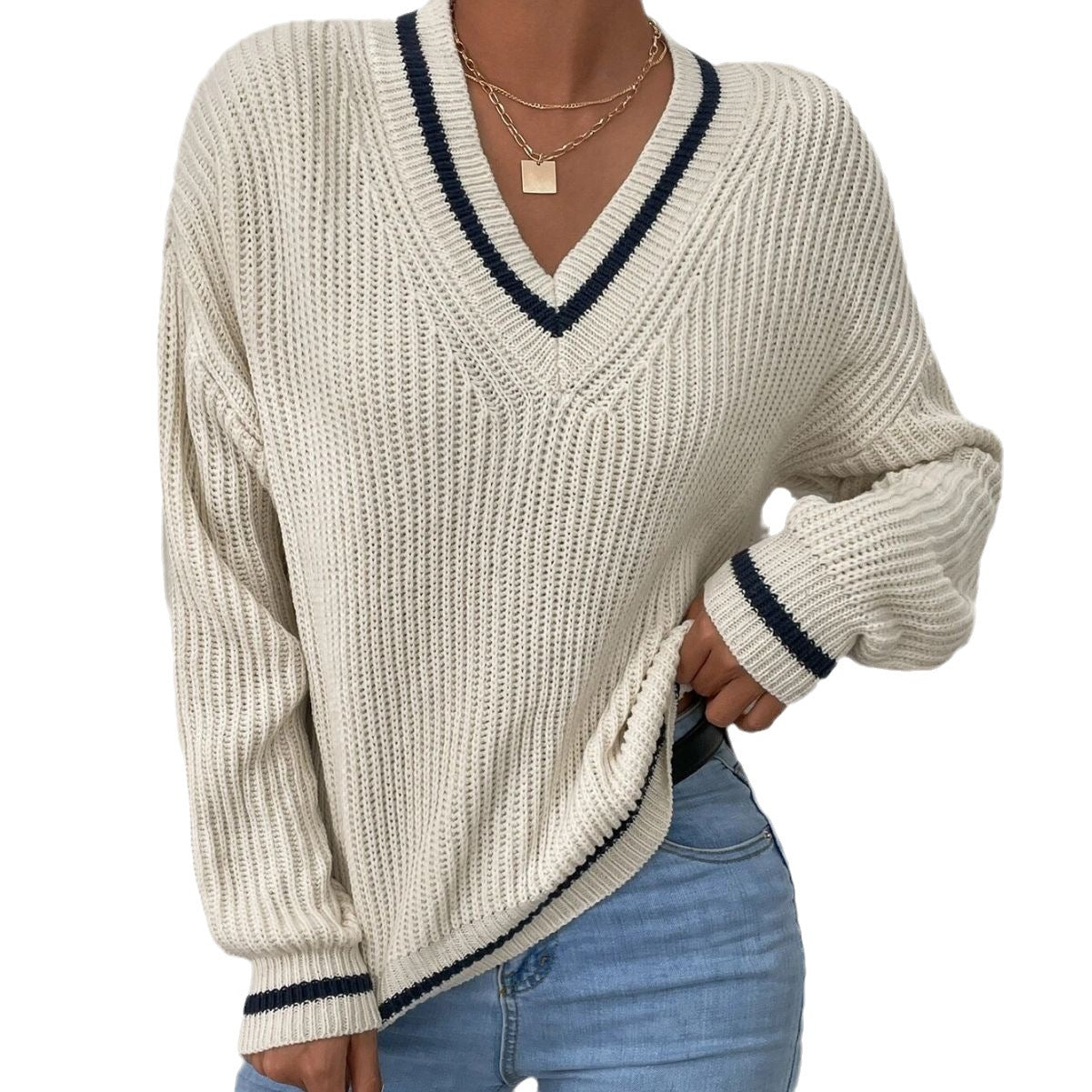 Sweater with V-neck and Patchwork