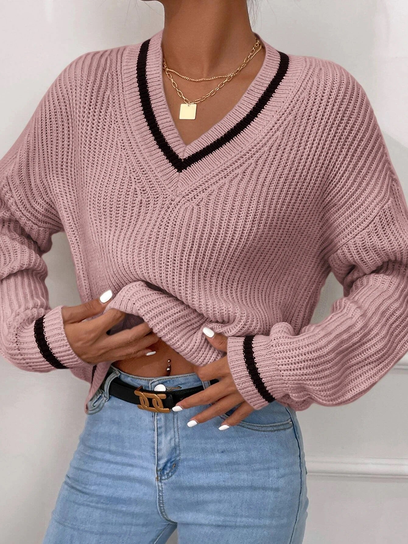 Sweater with V-neck and Patchwork