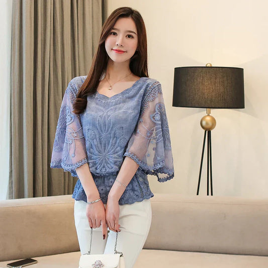 Chiffon blouse with cotton lace and butterfly flower pattern