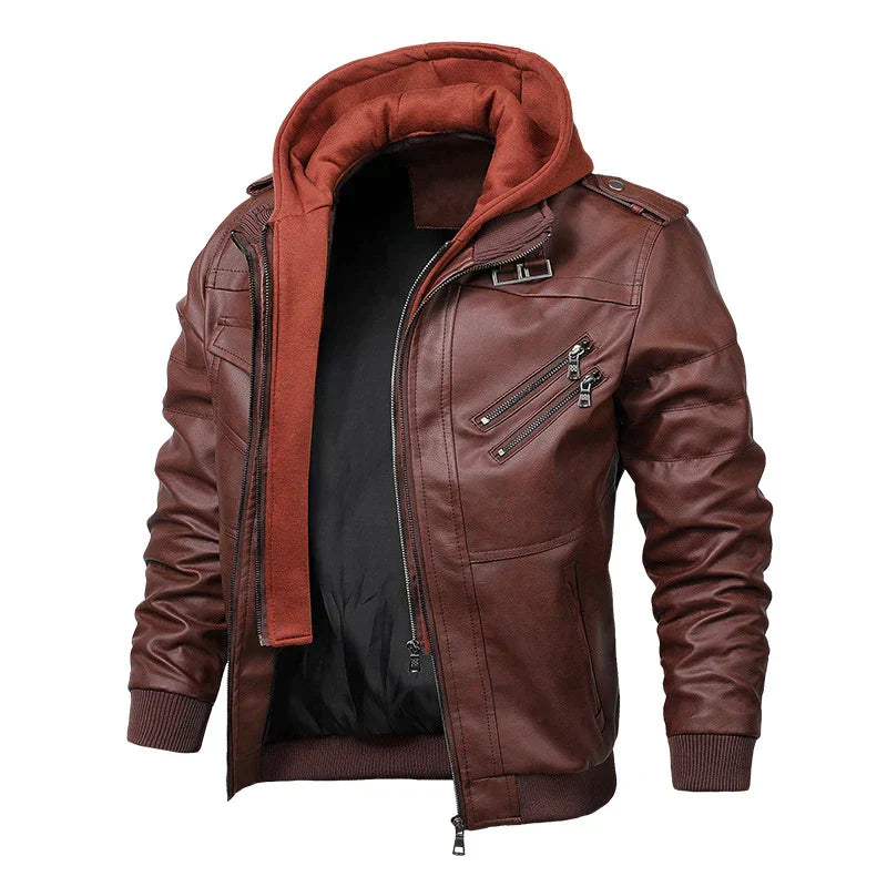 Leather jacket with hood