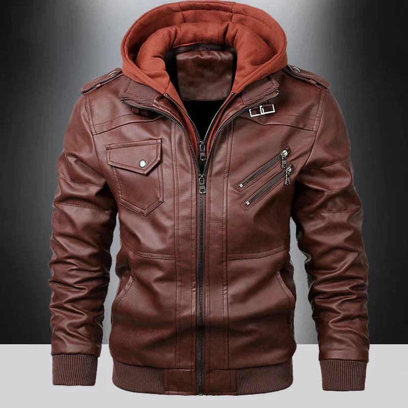 Leather jacket with hood