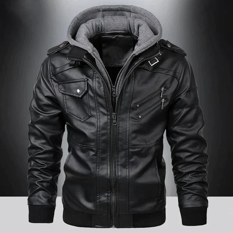 Leather jacket with hood