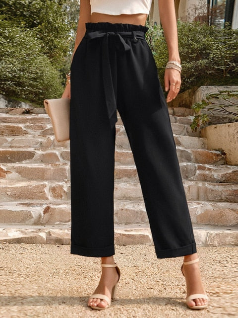 Full-length trousers with high waist and drawstring