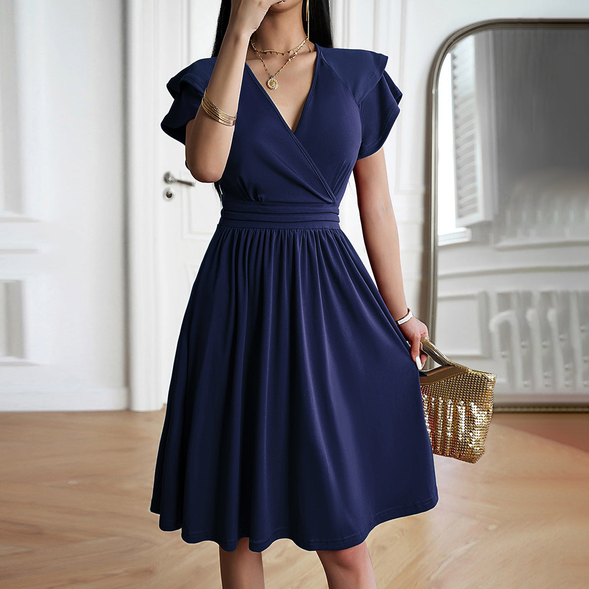 Women's fashionable temperament Elegant midi dress with V-neckline