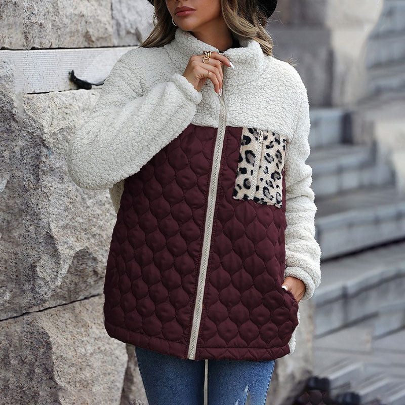 Plush coat with leopard print