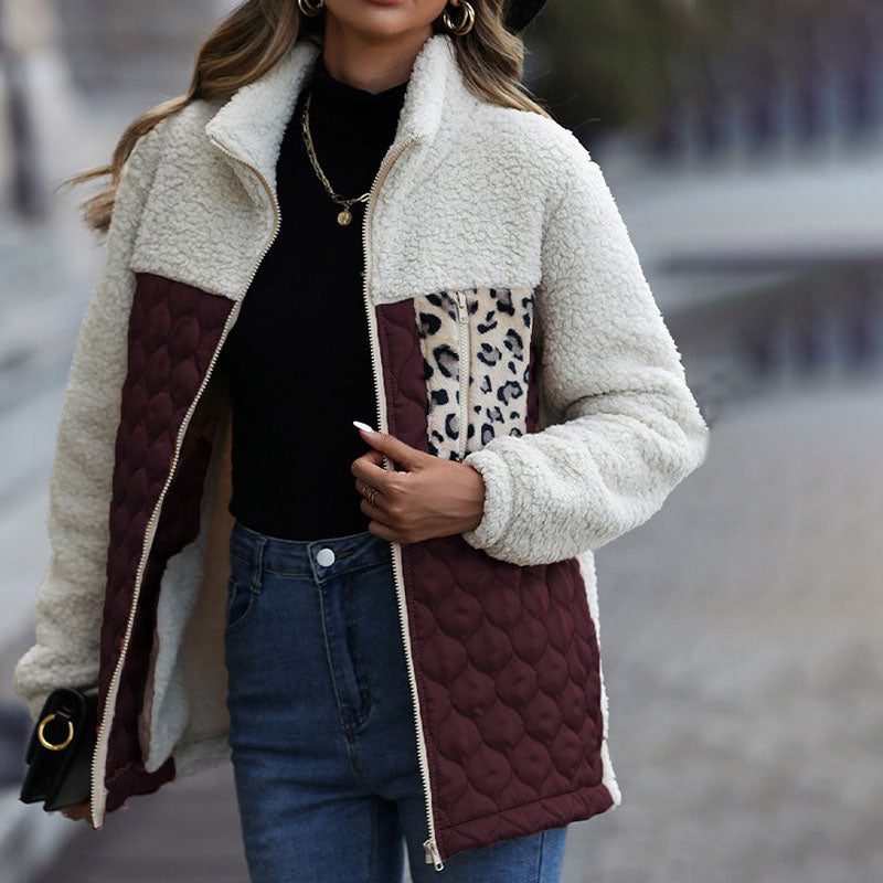 Plush coat with leopard print