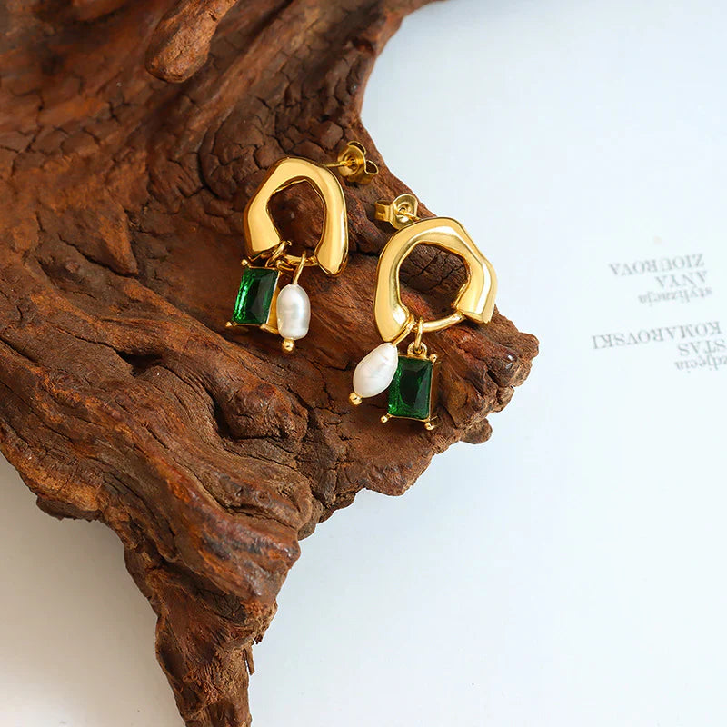 Geometric emerald earrings with pearl detail