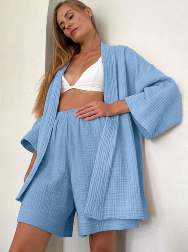 Women - Cardigan & Shorts Set - Loose-Fitting Comfort - Cozy Homewear Ensemble