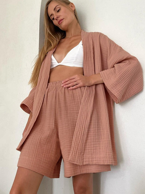 Women - Cardigan & Shorts Set - Loose-Fitting Comfort - Cozy Homewear Ensemble