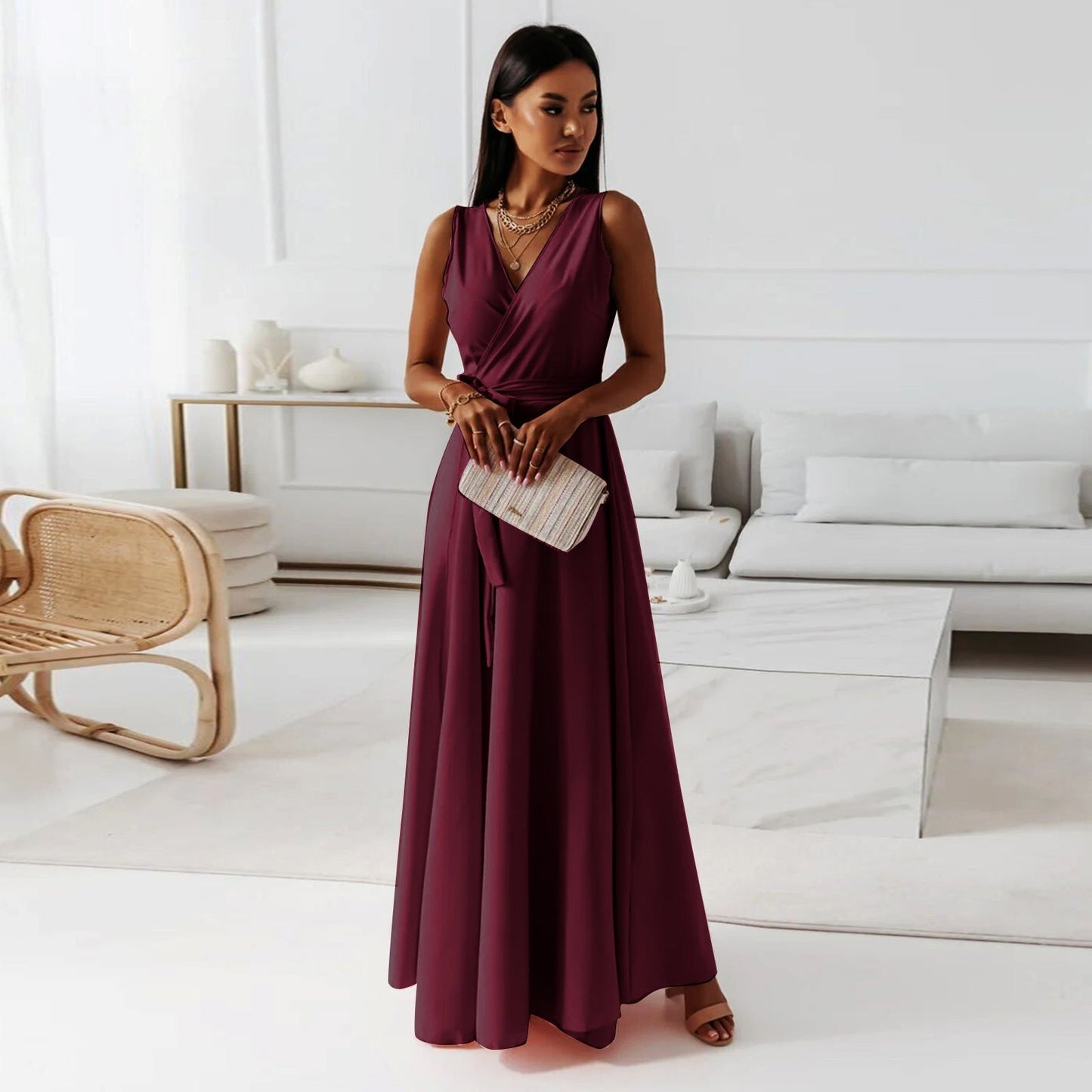 Ladies single-coloured V-neck long dress