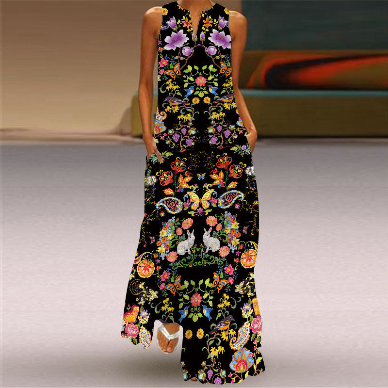 Timeless printed sleeveless long dress with V-neckline