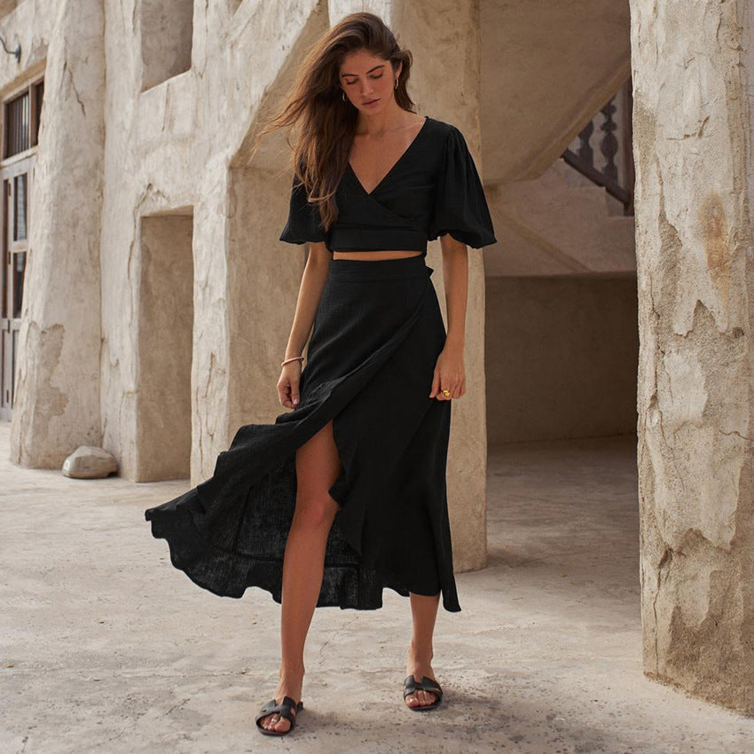 Bohemian two-piece set with wrap skirt and crop top