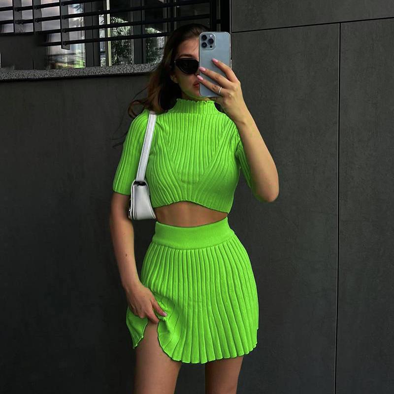 Ribbed crop top with matching pleated skirt