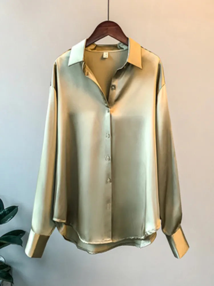 Korean women's blouse with long sleeves: satin fabric, single-breasted fastening, simple pattern