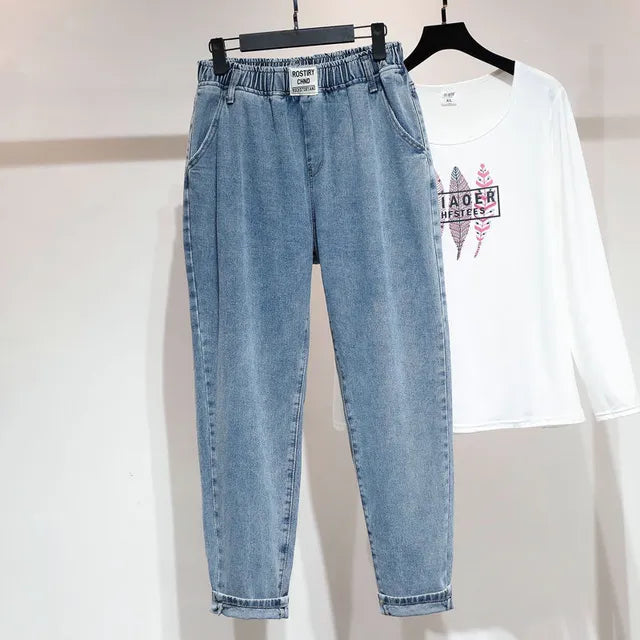 High-waisted ankle-length harem jeans with elasticated waistband