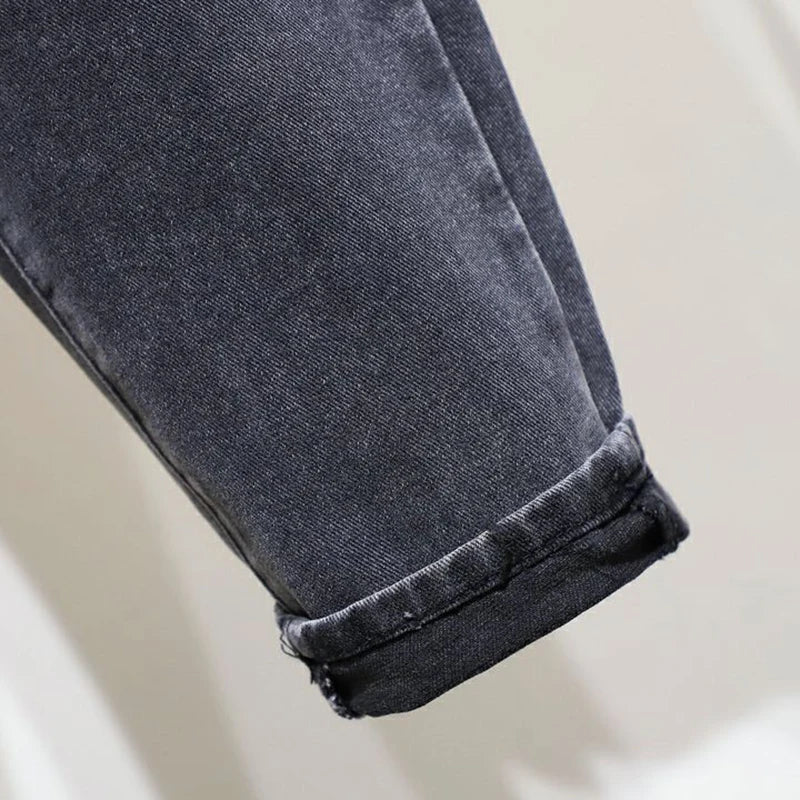 High-waisted ankle-length harem jeans with elasticated waistband