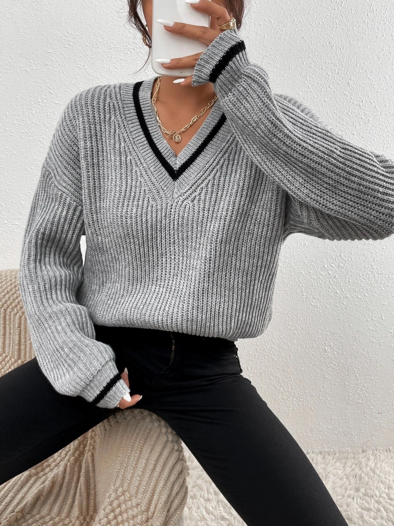 Sweater with V-neck and Patchwork