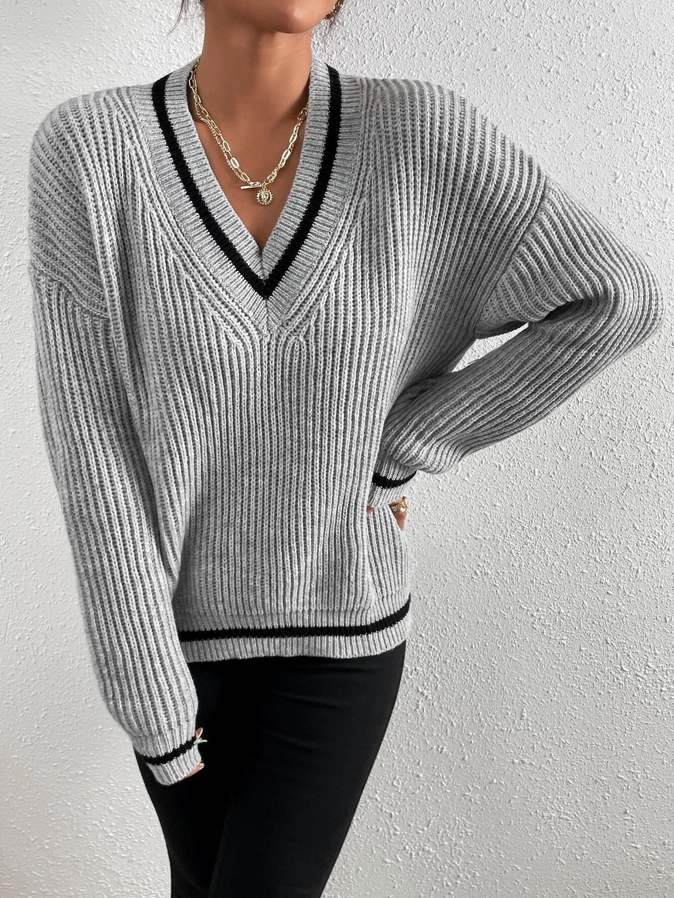 Sweater with patchwork V-neck