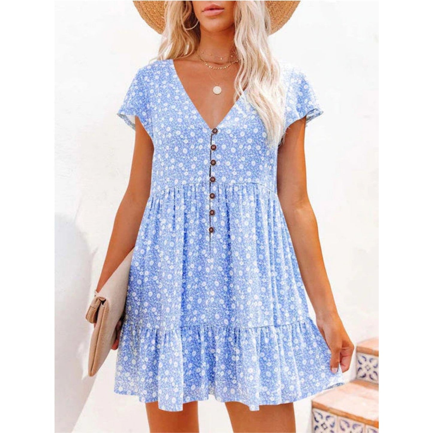 Summer Dress With Floral Print and Button Closure