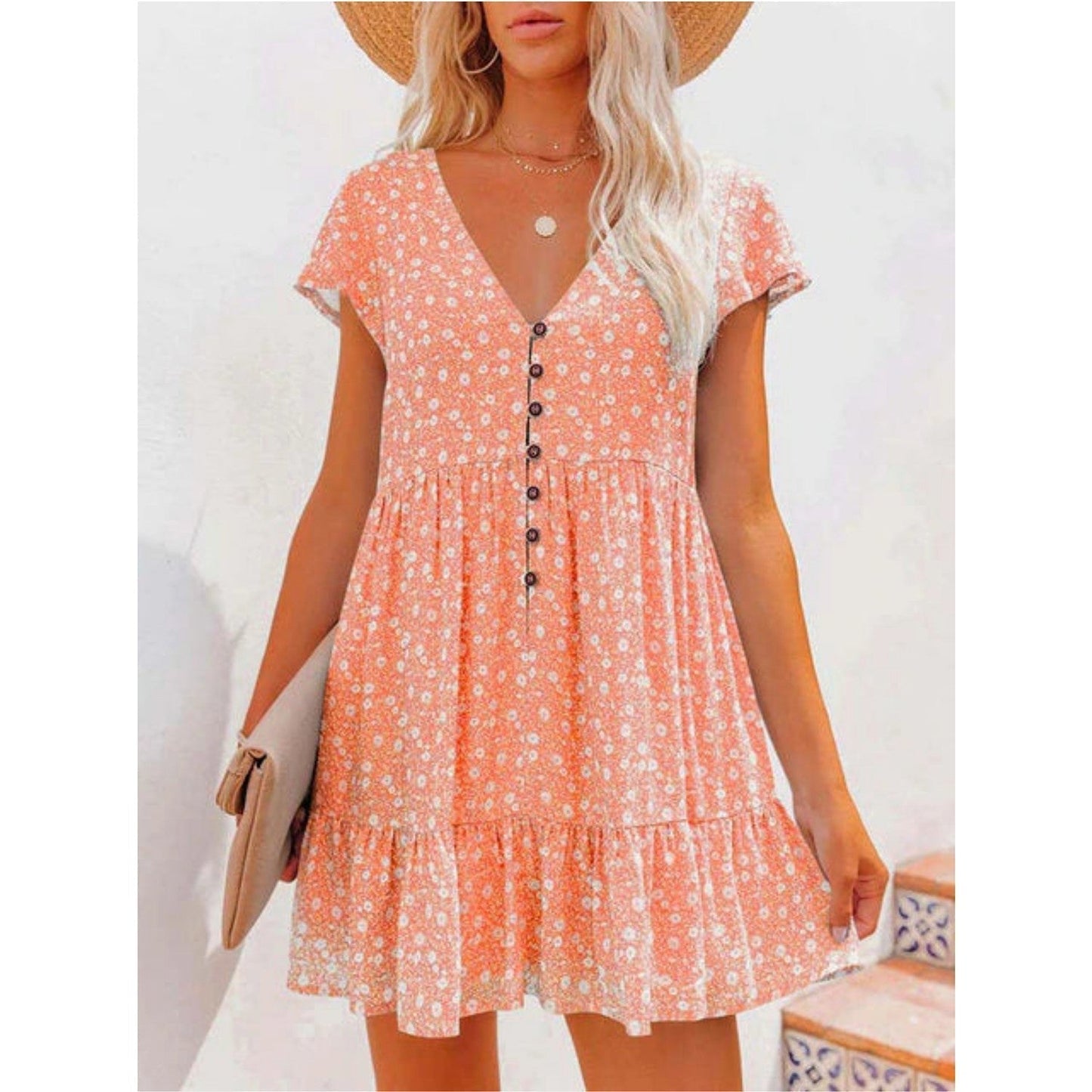 Summer Dress With Floral Print and Button Closure