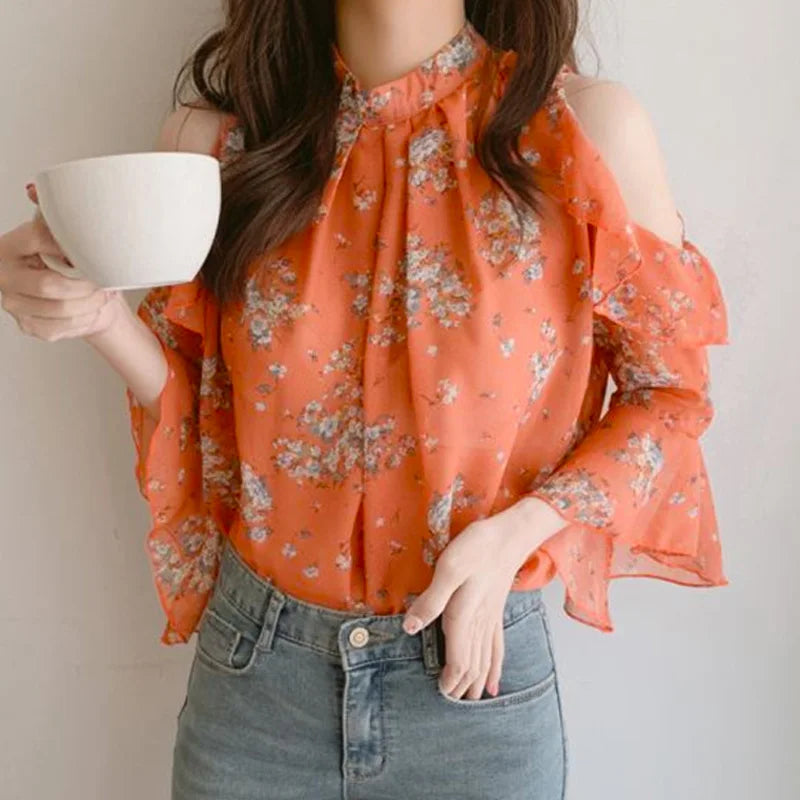 Chiffon blouse with off-the-shoulder design