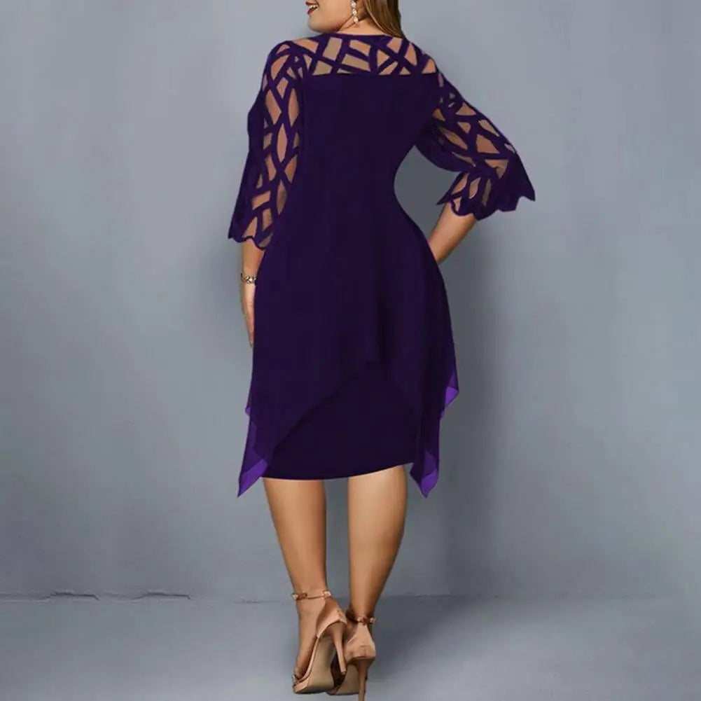 Asymmetric evening dress with lattice sleeve detail